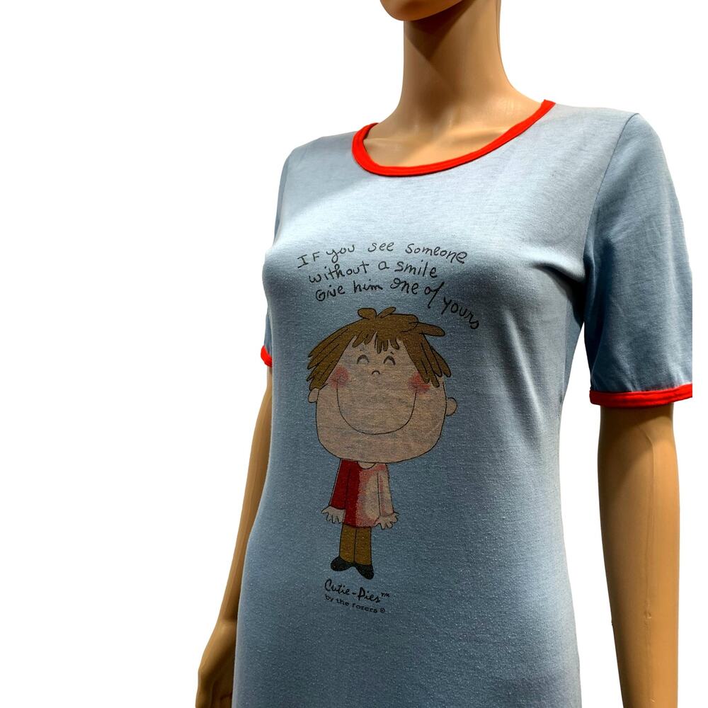 70s Long Blue T Shirt Nightgown Nightie w Cute Cartoon | XS/S - Picture 11 of 11